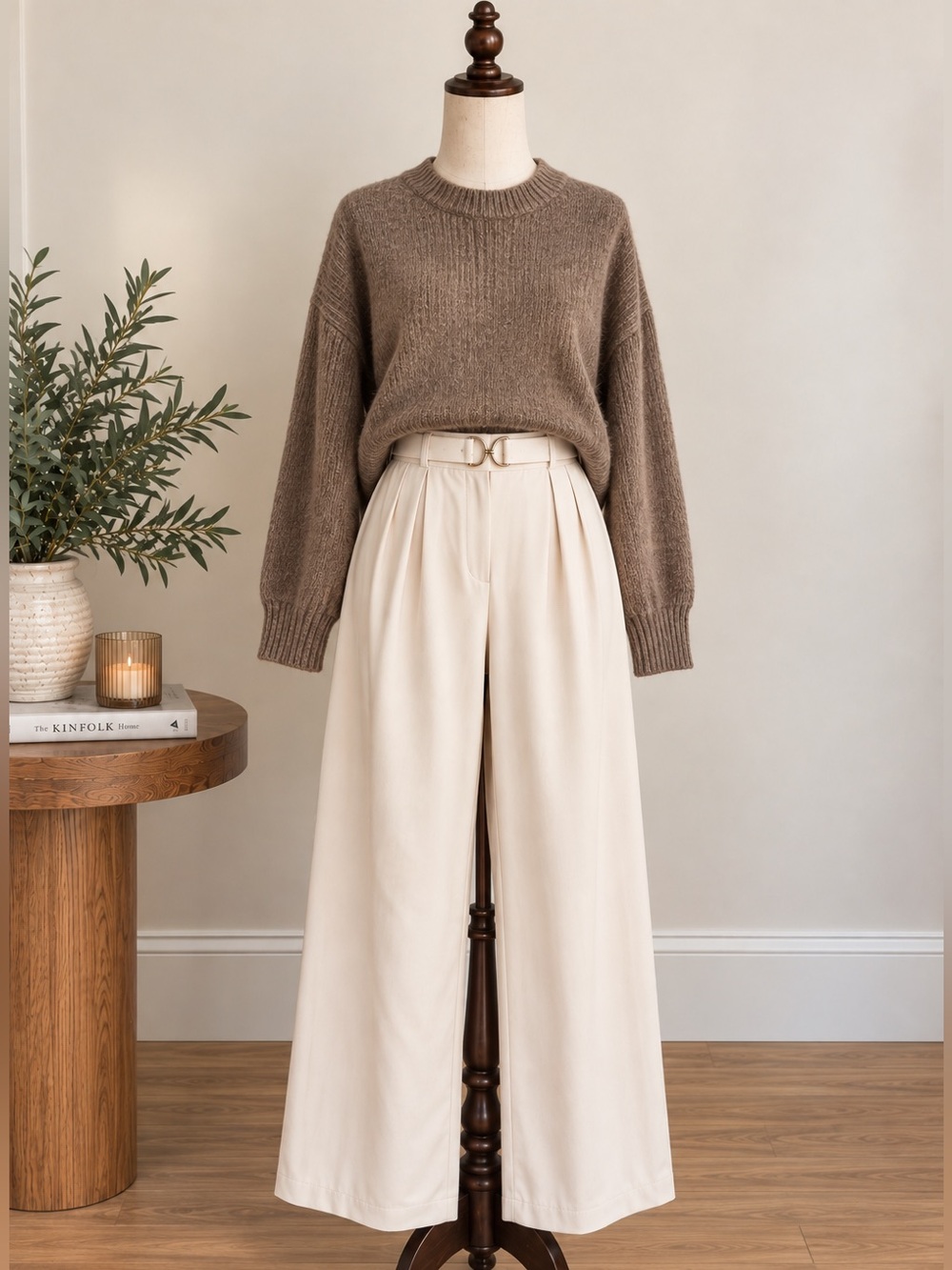 H&M Cream High Waist Wide Leg Trousers M Quiet Luxury Office Chic Belted